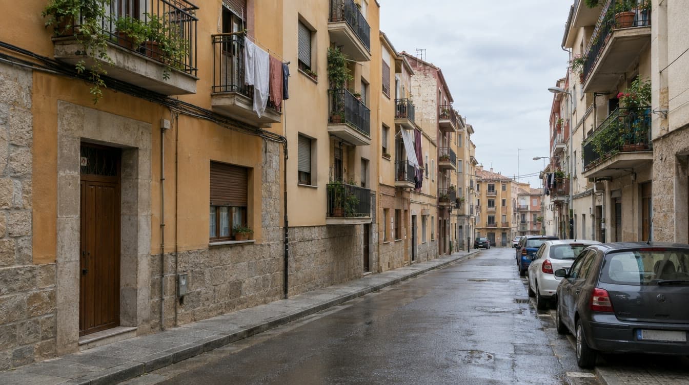 Calle de un barrio residencial, con balcones y el suelo mojado.