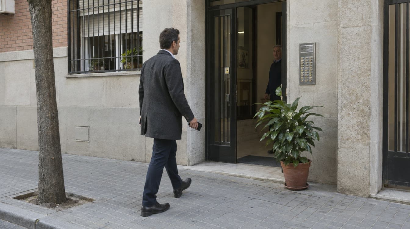 Comercial llegando al portal mientras el propietario abre la puerta.